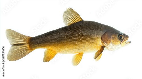 Tench Tinca tinca is prominently displayed against a white background highlighting its smooth olive brown skin and distinctive fins. This freshwater fish exemplifies unique anatomical traits.