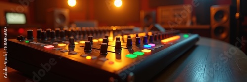 A close-up view of a professional audio mixer in a dimly lit studio, showcasing vibrant controls ideal for music production and sound engineering. photo