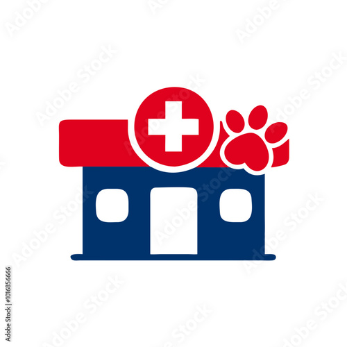 Veterinary clinic building with paw print and cross in red and blue colors