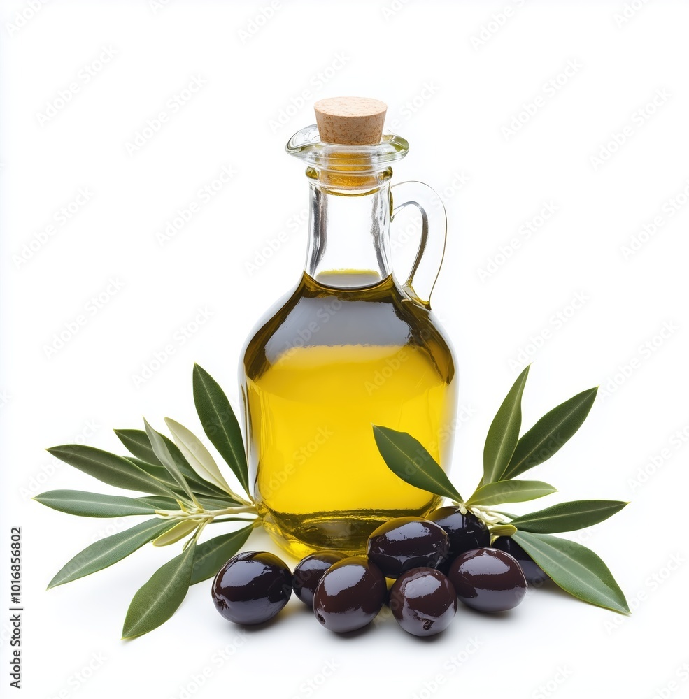 Pure Olive Oil in Glass Bottle with Black Olives and Leaves on White Background
Pure Olive Oil in Glass Bottle with Black Olives and Leaves on White Background