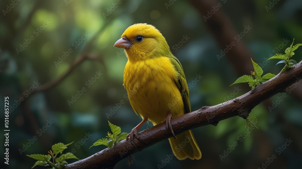 A vibrant yellow bird perches on a branch, its blue eyes gazing intently at something in the distance, surrounded by lush green foliage. A vibrant yellow bird perches on a branch, its blue eyes gazing intently at something in the distance, surrounded by lush green foliage.