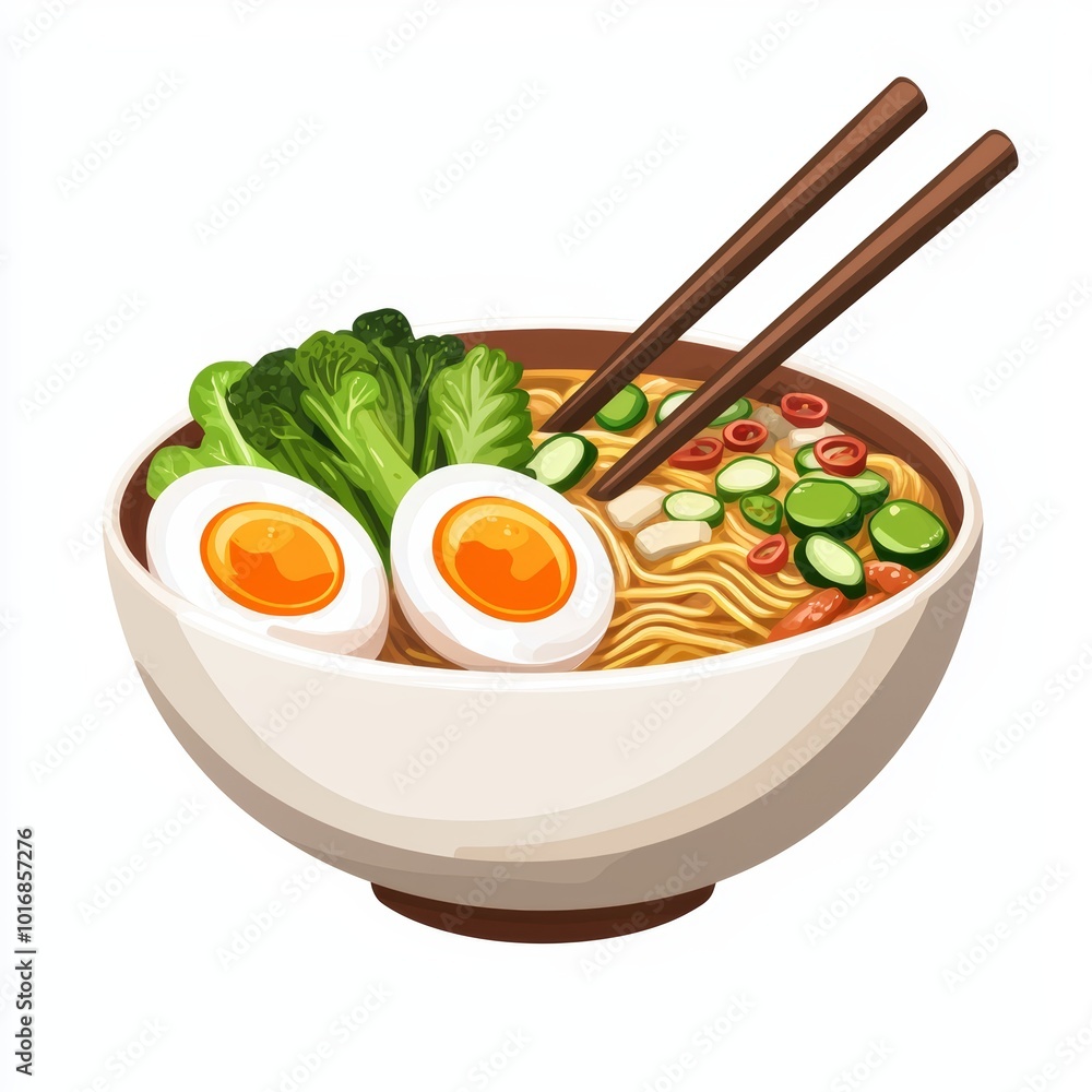 Delicious bowl of ramen with vegetables and eggs, served with chopsticks. Delicious bowl of ramen with vegetables and eggs, served with chopsticks.
