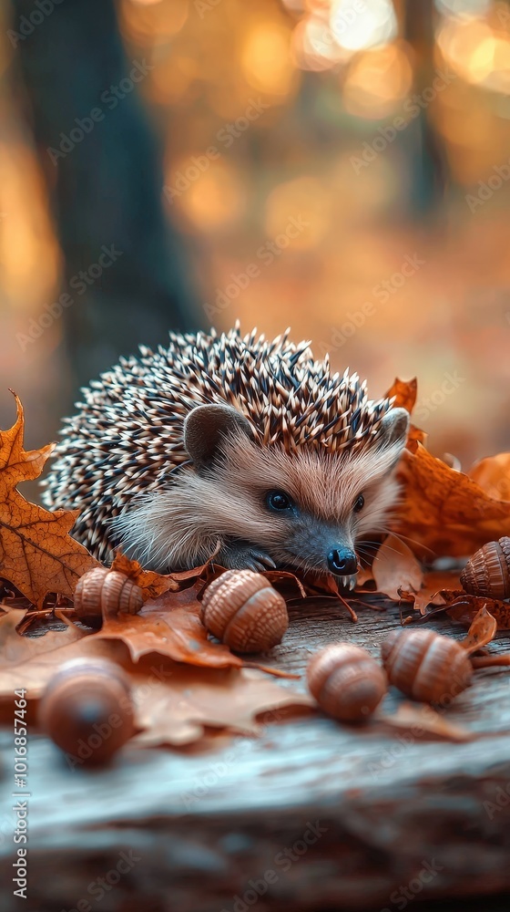 Obraz premium Adorable Baby Hedgehog Curled Up in Cozy Rustic Setting with Soft Morning Light on Wooden Table - Autumnal Themes, Acorns, Fallen Leaves, Copy Space