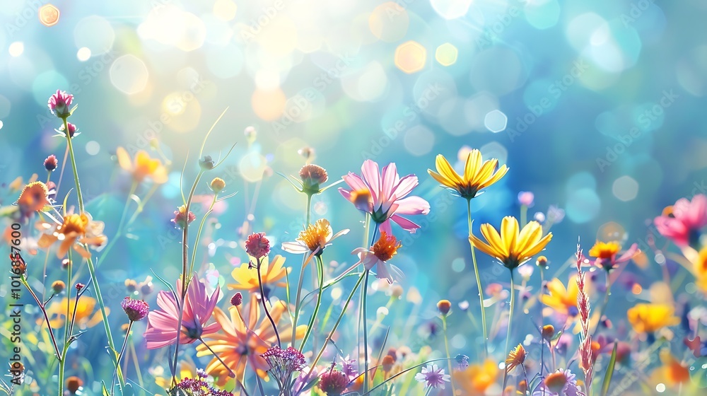 Colorful flowers meadow with bokeh background, nature concept Colorful flowers meadow with bokeh background, nature concept