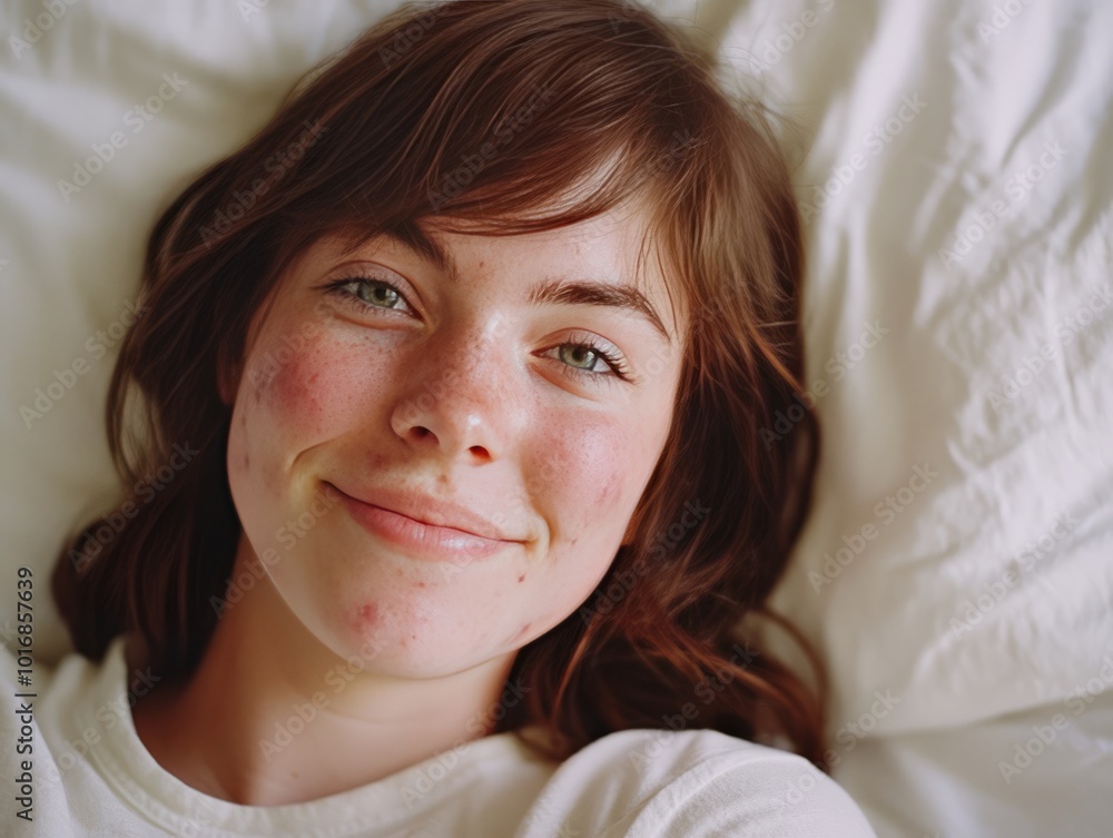 Smiling young woman with freckles lying in bed. Smiling young woman with freckles lying in bed.