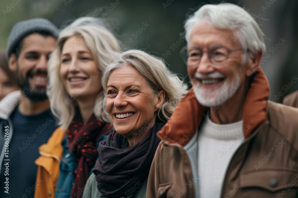 Group of smiling senior friends walking in the park. Selective focus. Group of smiling senior friends walking in the park. Selective focus.