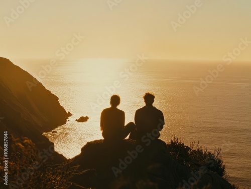 Two friends enjoy the sunset view.