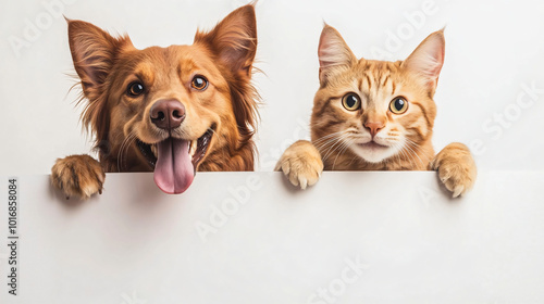 Smiling Dog and cat peeking over a blank white board on white background