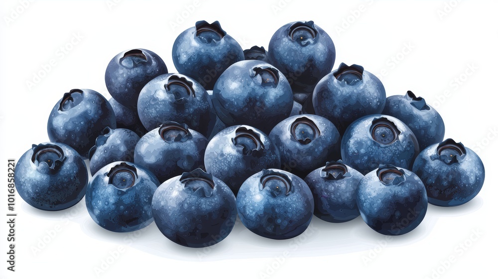 Fresh blueberries stacked together on a white isolated background, showcasing their vibrant blue color and round shape. Fresh blueberries stacked together on a white isolated background, showcasing their vibrant blue color and round shape.