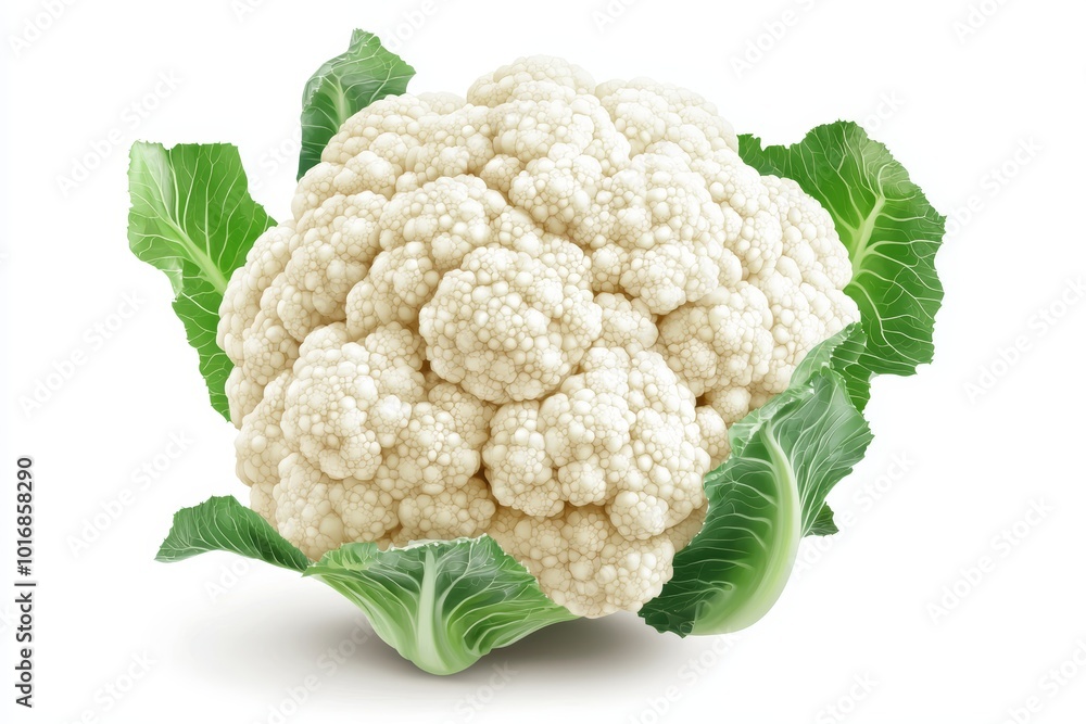 Fresh cauliflower with vibrant green leaves, isolated on a white background. Fresh cauliflower with vibrant green leaves, isolated on a white background.