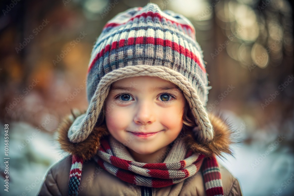 Young girl smiling warmly in knitted hat and scarf Young girl smiling warmly in knitted hat and scarf