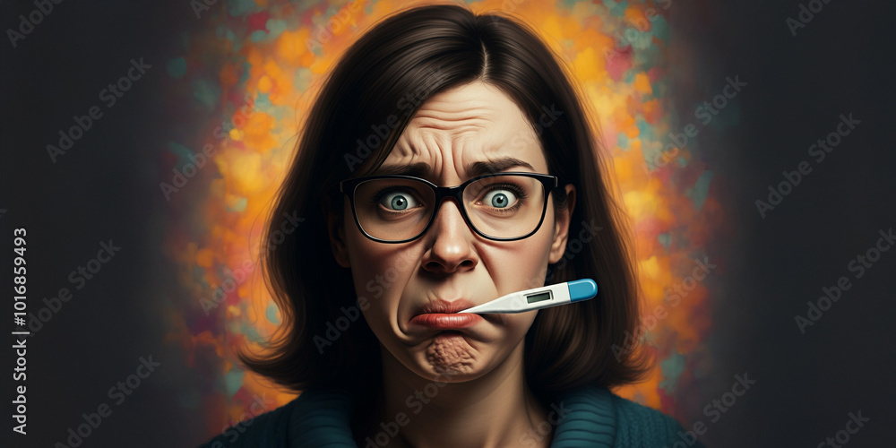 Obraz premium Sick Woman with Fever Taking Their Temperature with Thermometer, illness, wellness, medical health image