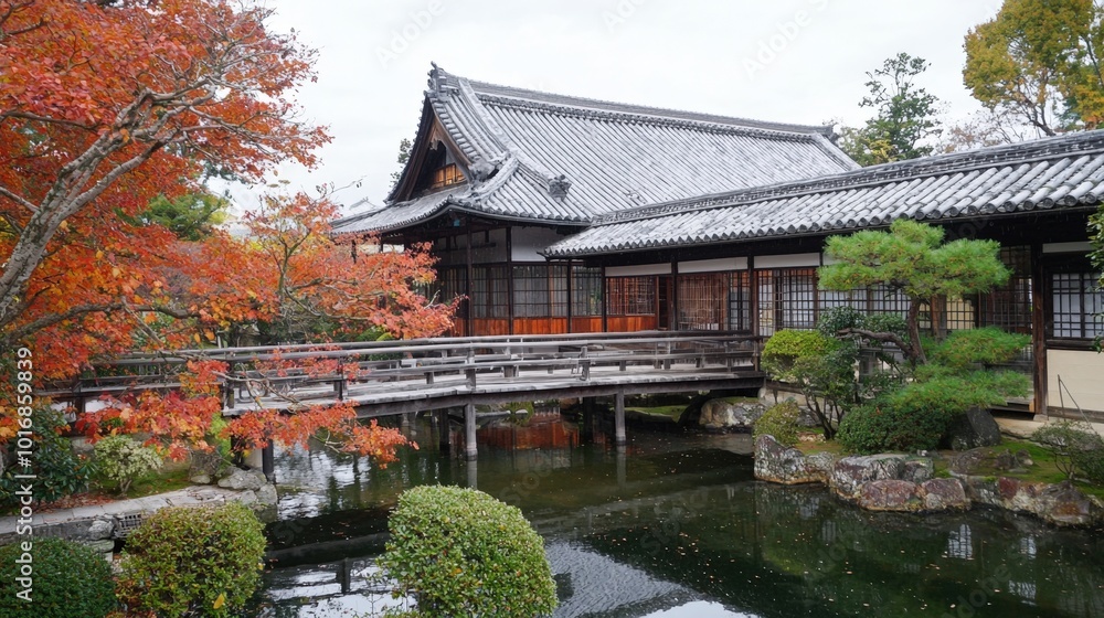 A serene autumn day at a traditional Japanese garden with a tranquil pond and wooden bridge A serene autumn day at a traditional Japanese garden with a tranquil pond and wooden bridge