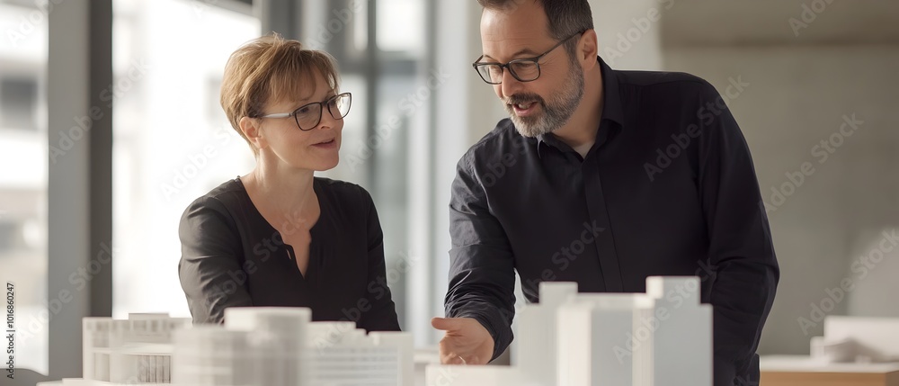 Architect and client reviewing and discussing a detailed building model ...