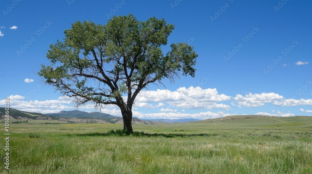 A solitary tree stands gracefully in a vast green meadow under a bright blue sky A solitary tree stands gracefully in a vast green meadow under a bright blue sky
