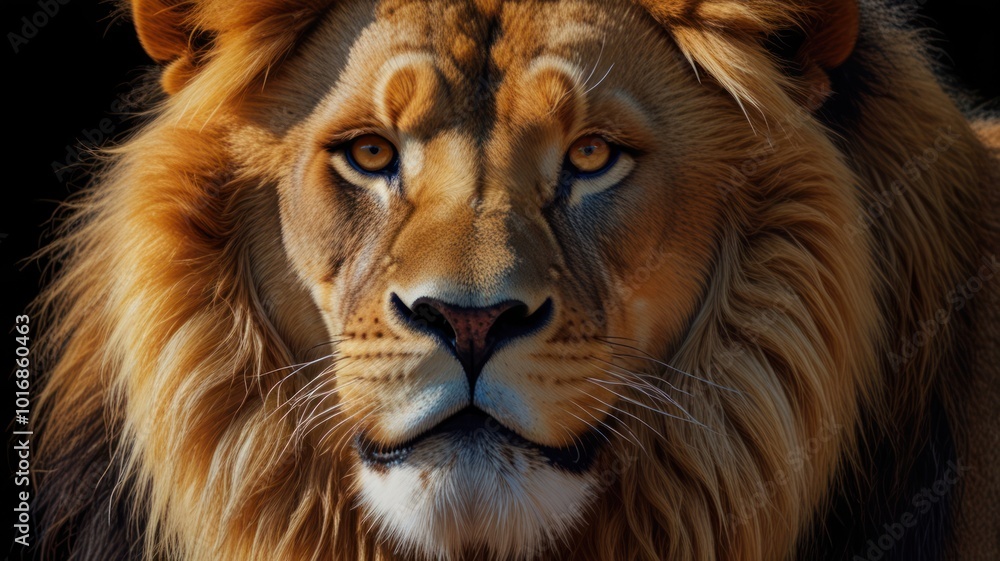 A close-up portrait of a majestic lion with piercing yellow eyes staring directly at the camera. The lion's mane is thick and full, and its fur is a rich golden brown. A close-up portrait of a majestic lion with piercing yellow eyes staring directly at the camera. The lion's mane is thick and full, and its fur is a rich golden brown.