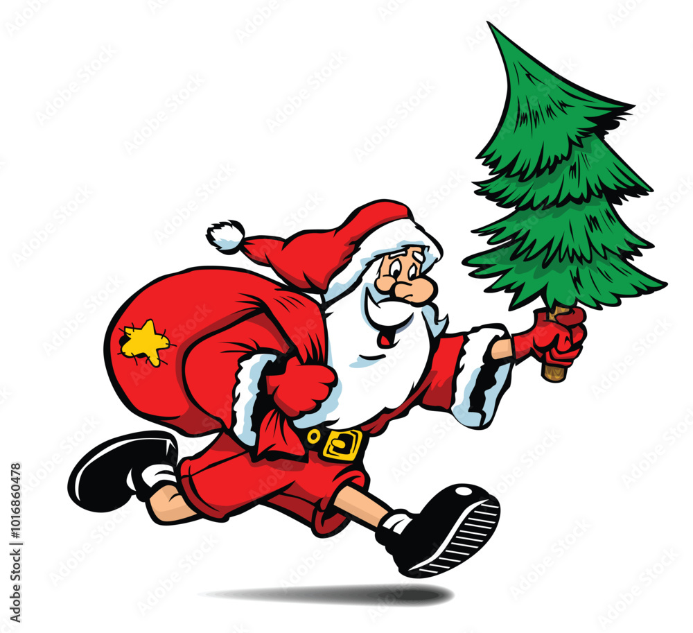 Running Santa Claus with giving bag and christmas tree. Character for New Year card, banner or poster. Vector on transparent background. Running Santa Claus with giving bag and christmas tree. Character for New Year card, banner or poster. Vector on transparent background.