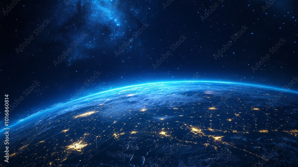 Obraz premium Earth seen from space at night, with glowing communication lines connecting major cities. generative ai