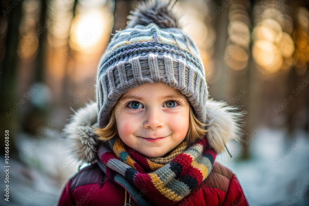 Young girl smiling in knitted hat and scarf in snowy winter forest Young girl smiling in knitted hat and scarf in snowy winter forest