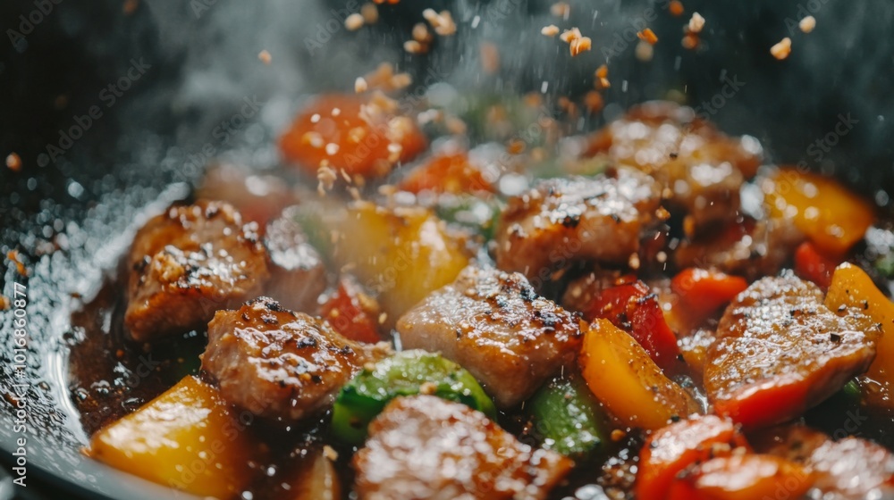 Sizzling Meat and Vegetables in Wok Sizzling Meat and Vegetables in Wok