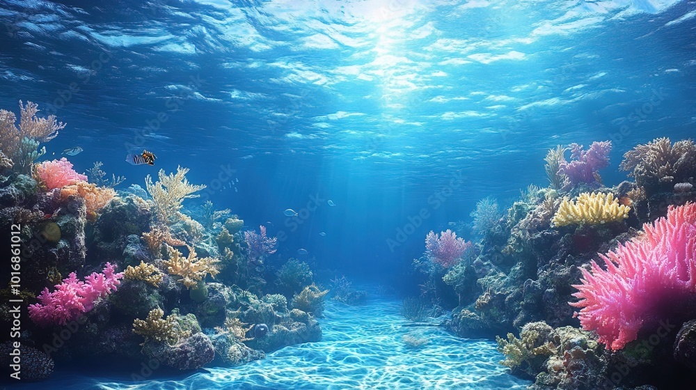 Naklejka premium Coral reef teeming with life in a clear blue ocean