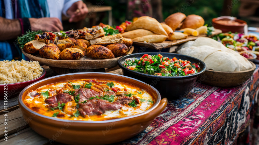 Fototapeta premium A traditional Bulgarian family dinner with hearty soups, roasted meats, and fresh bread served on an outdoor table