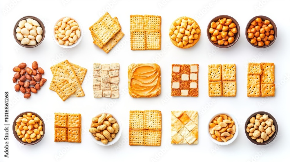 Assorted crackers and snacks arranged in a grid on a white background. A variety of textures and shapes showcasing delicious snack options. Assorted crackers and snacks arranged in a grid on a white background. A variety of textures and shapes showcasing delicious snack options.