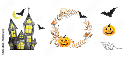 Watercolor Halloween set with cute, magical, mystical and scary illustrations