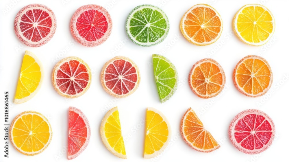 Vibrant citrus fruit slices including lemon, lime, orange, and grapefruit arranged in a grid pattern on a white background. Vibrant citrus fruit slices including lemon, lime, orange, and grapefruit arranged in a grid pattern on a white background.