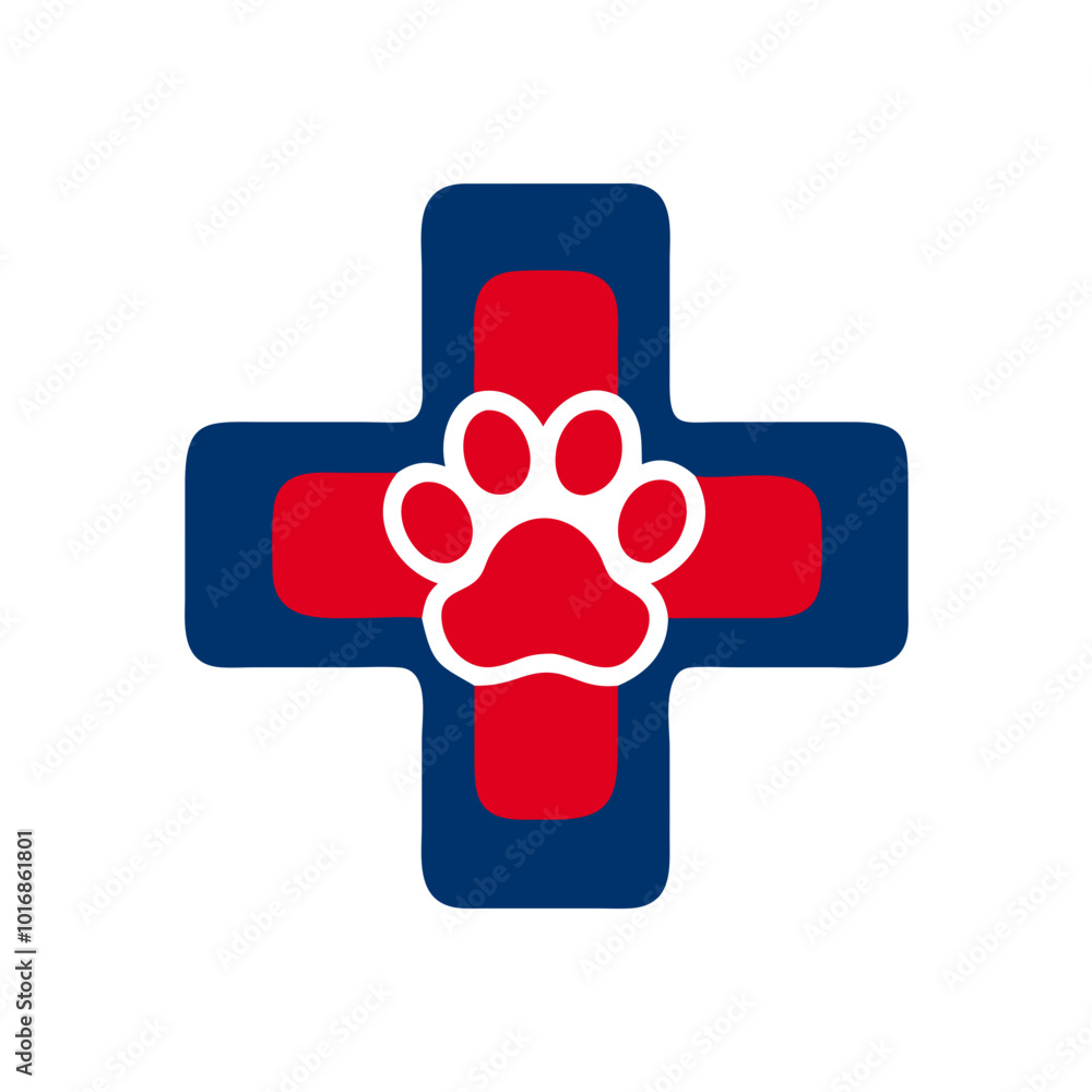 Veterinary cross symbol with paw print in red and blue colors for animal healthcare Veterinary cross symbol with paw print in red and blue colors for animal healthcare