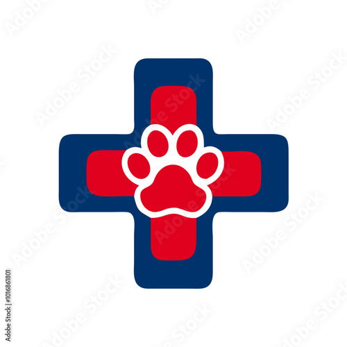 Veterinary cross symbol with paw print in red and blue colors for animal healthcare