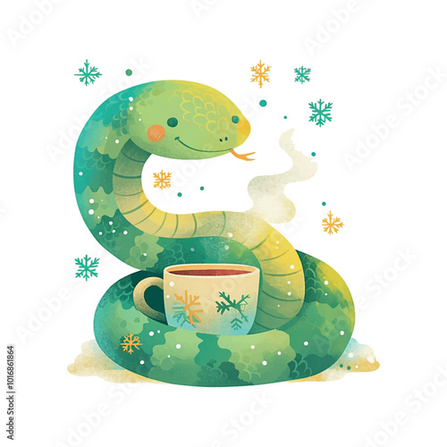 A green snake is curled up next to a mug of hot chocolate. The image has a cozy and warm feeling, as if the snake is enjoying a hot drink on a cold day