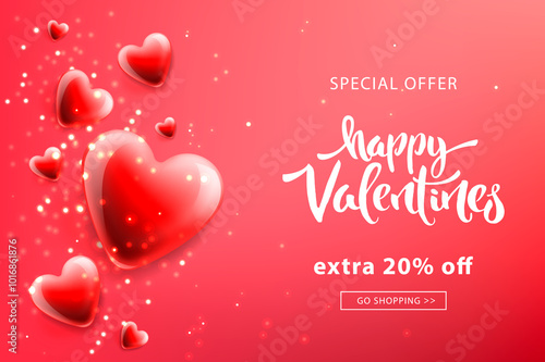 Valentines day Sale template with Heart Shaped Balloons. Vector illustration. Web banner, landing page, invitation, poster.