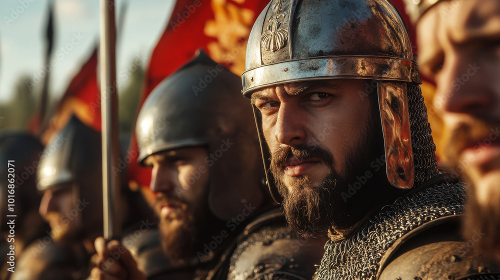A historical reenactment of Bulgarian warriors defending a medieval fortress, with actors dressed in period armor A historical reenactment of Bulgarian warriors defending a medieval fortress, with actors dressed in period armor