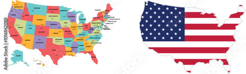 Official color map of the United States featuring state borders, accompanied by a colorful map highlighting major cities with names. Union Jack .Uk official map and colourful map in white background.