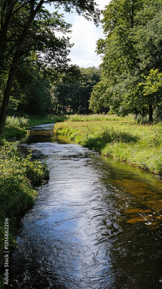 Serene river flowing through lush greenery in a tranquil forest setting during daytime Serene river flowing through lush greenery in a tranquil forest setting during daytime