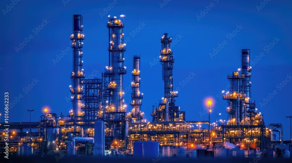 A nighttime view of an industrial complex with towering pipelines and illuminated structures, showcasing the complexity A nighttime view of an industrial complex with towering pipelines and illuminated structures, showcasing the complexity