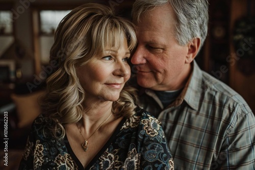 Waist-up portrait of affectionate mature Caucasian couple sharing a loving moment in their warm home