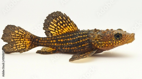 bristlenose pleco showcasing vibrant colors and unique patterns glides against a white backdrop highlighting its fascinating features and natural beauty. photo