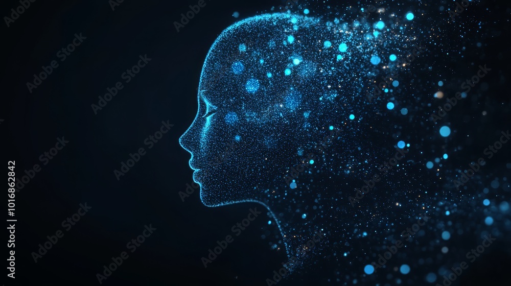 A digital silhouette of a human profile that is intricately filled with glowing particles and cosmic elements A digital silhouette of a human profile that is intricately filled with glowing particles and cosmic elements
