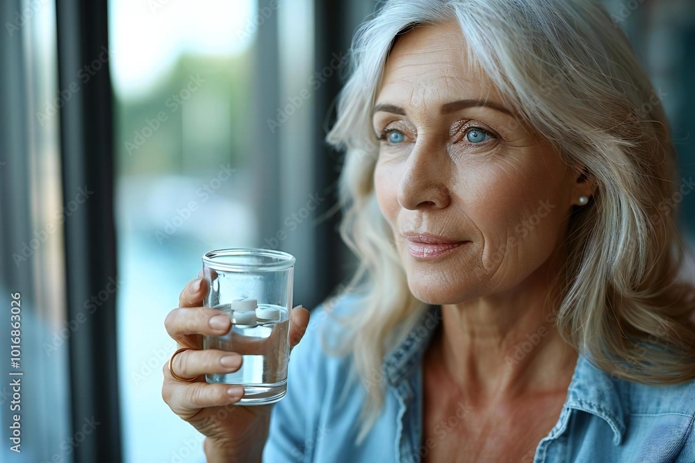 Photo of Caucasian woman at home taking medication to manage symptoms of thyroid gland salivary disease. Photo of Caucasian woman at home taking medication to manage symptoms of thyroid gland salivary disease.
