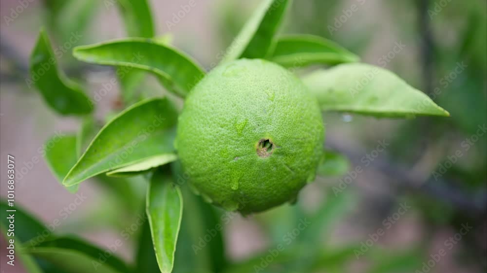 Close up of a green, wet lemon growing on a tree Close up of a green, wet lemon growing on a tree