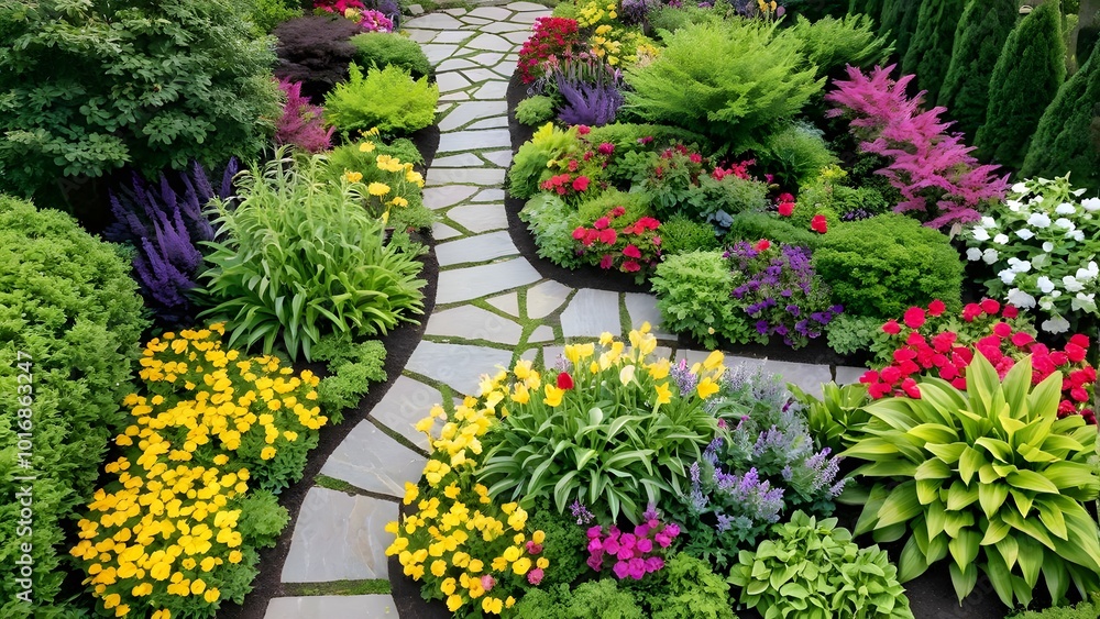 Fototapeta premium tranquil garden scene with a variety of plants, including purple salvia, yellow marigolds, and pink petunias along a winding stone path. Add elements like butterflies and birds to enhance the serene