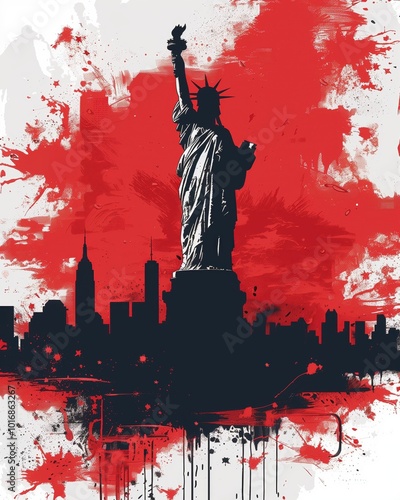 The Statue of Liberty is shown in bold urban art with vibrant red accents, symbolizing freedom