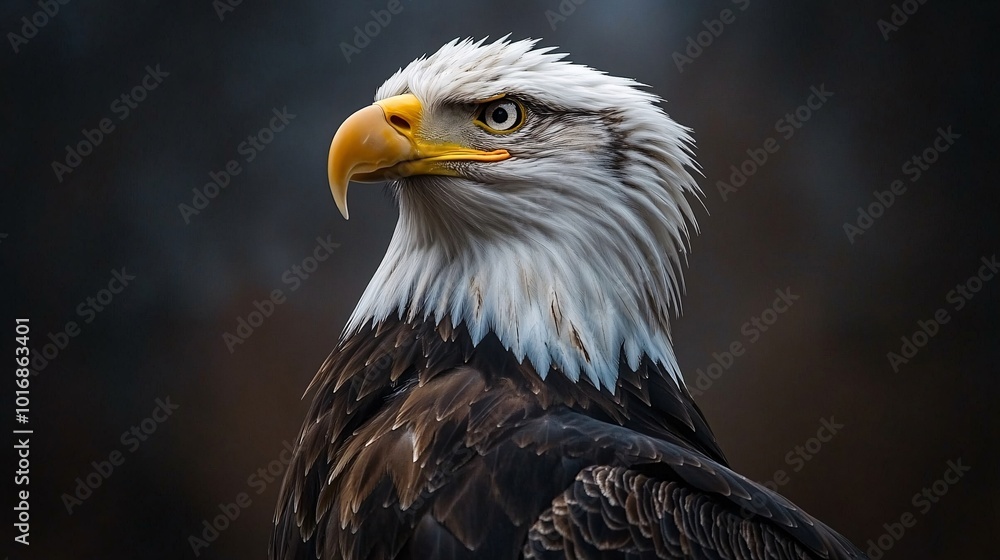 Fototapeta premium Majestic Bald Eagle Portrait with Intense Gaze and Detailed Feathers in Natural Habitat