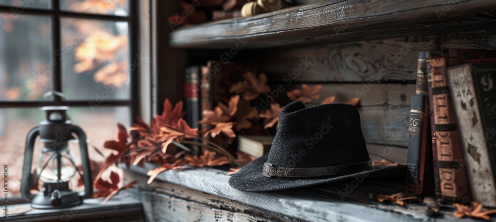 Nostalgic Autumn Library Shelf with Pilgrim Hat, Lantern, and Fall Decorations for Rustic Ambiance Nostalgic Autumn Library Shelf with Pilgrim Hat, Lantern, and Fall Decorations for Rustic Ambiance