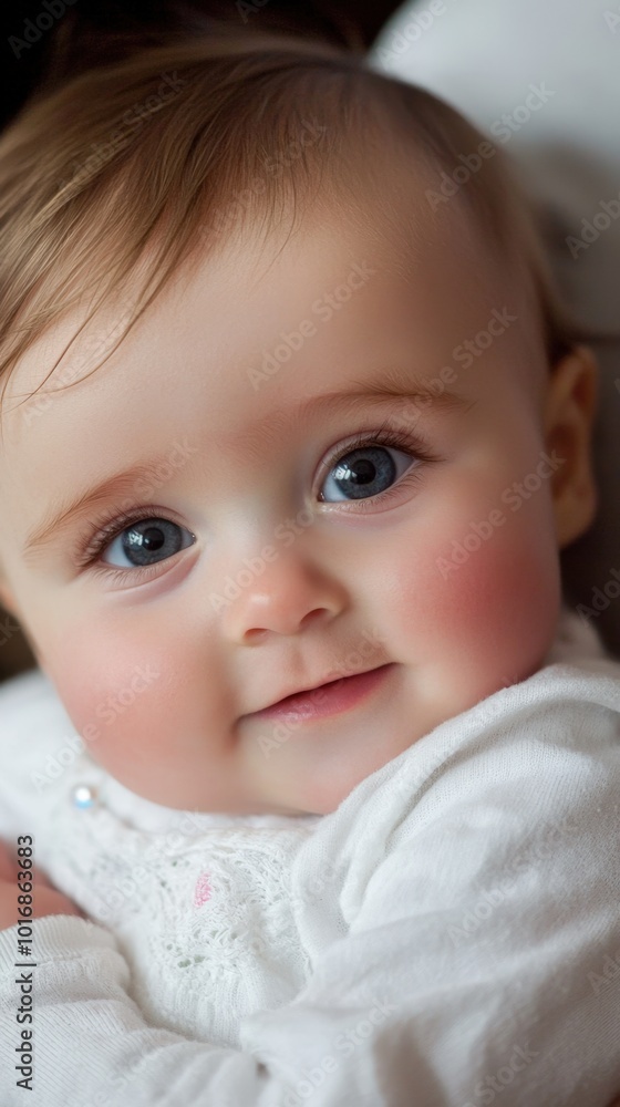 Charming baby with sparkling blue eyes and a sweet smile in soft lighting indoors Charming baby with sparkling blue eyes and a sweet smile in soft lighting indoors