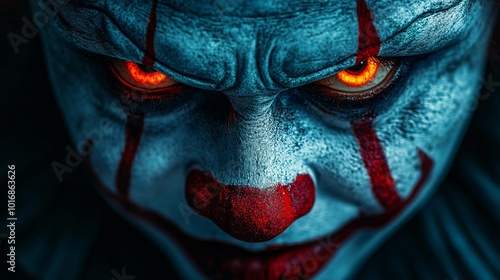 Intense Close-Up of a Creepy Clown Face with Glowing Eyes and Dramatic Makeup in Dark Atmosphere