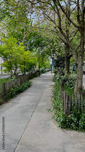 A tranquil urban pathway lined with blooming trees and greenery captures the essence of serene city living in spring