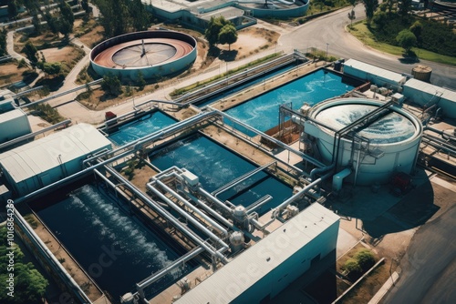 Wastewater treatment architecture outdoors aerial view.